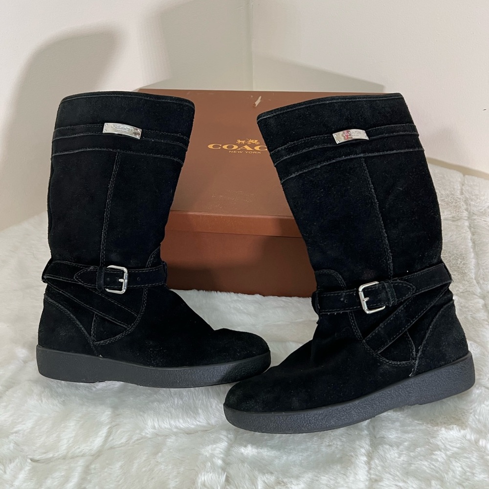Coach Tallulah Women’s Black Suede Tall Boots Size 6 Buckle Winter